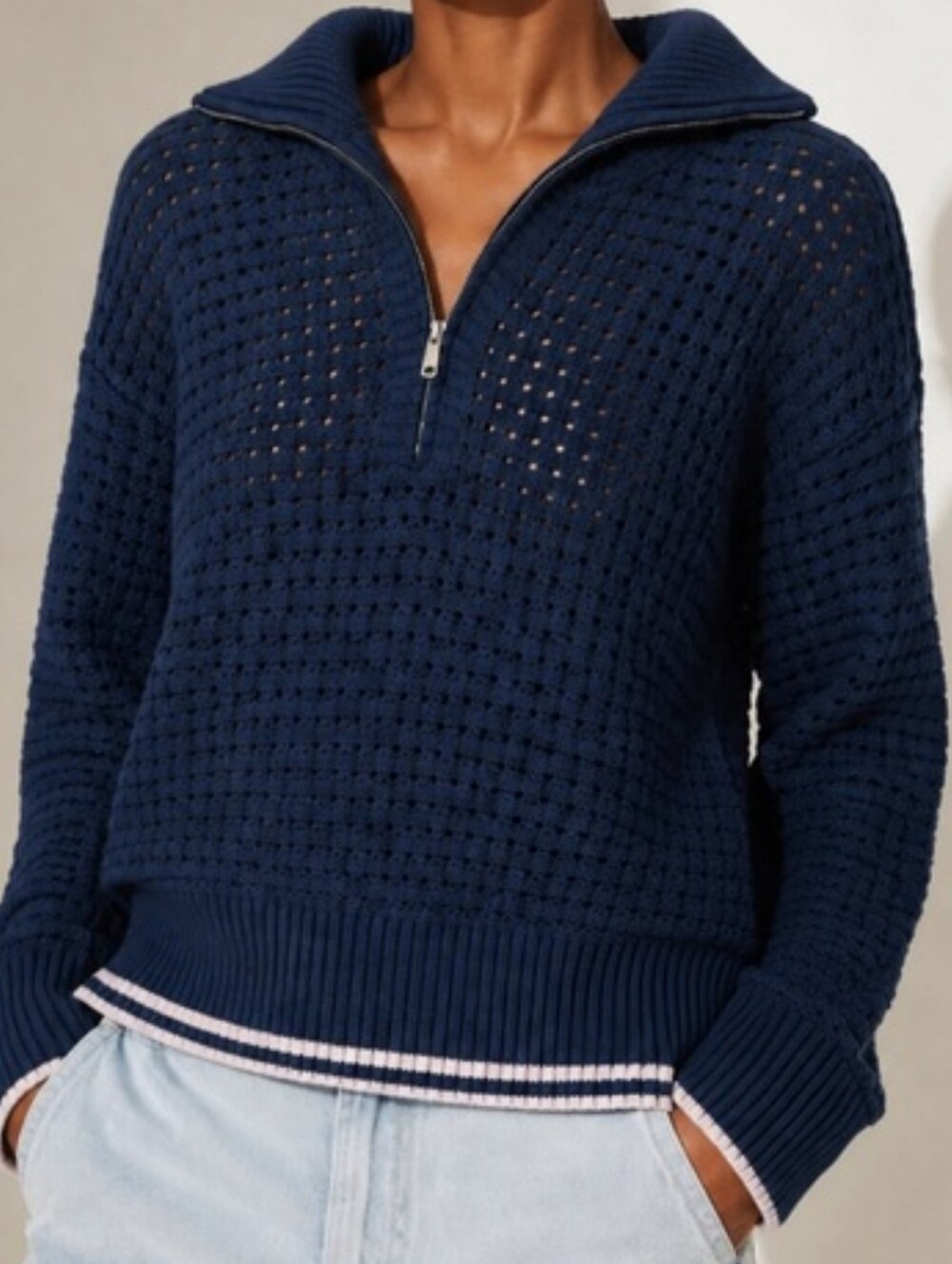 SCOTCH & SODA Womens Navy Knit Half-Zip Sweater with Contrast Trim SZ L